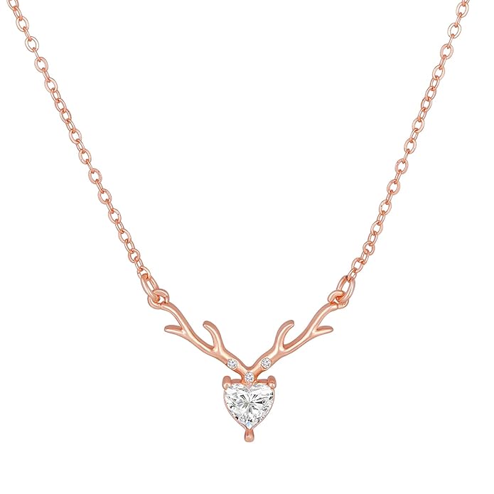 Mahi Deer Heart Shaped Necklace Pendant Chain with Cubic Zirconia Valentine Gift for Women