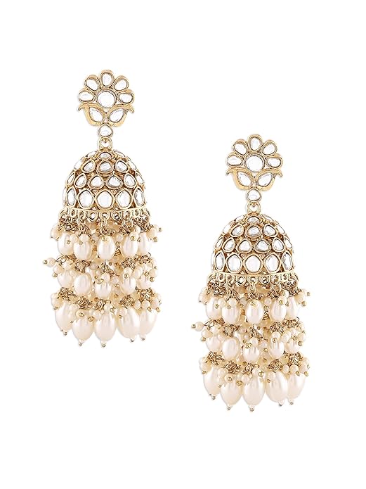 Zaveri Pearls Gold Tone Kundan & Cluster Pearl Drop Traditional Jhumka Earring For Women-ZPFK16735 - Image 3