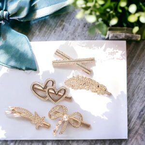 Radhu & Kabby Set of 5 Hair Clips | Each Design Different | Golden Finish | Korean Fashion Style Metal Hairpins | Stylish Hair Accessories For Women And Girls | Best gift for Girls