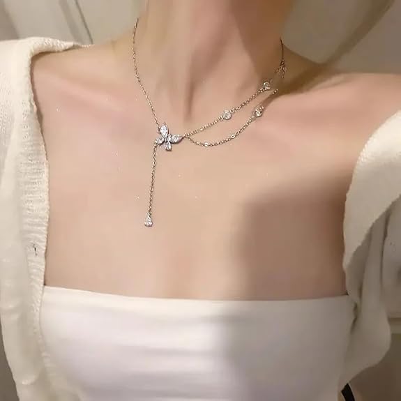 KRAFYA Elegant Double Layer Butterfly Pendant Necklace for Women – Delicate Zircon Chain Jewelry