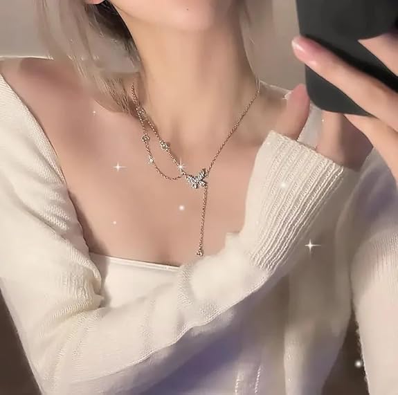 KRAFYA Elegant Double Layer Butterfly Pendant Necklace for Women – Delicate Zircon Chain Jewelry - Image 3