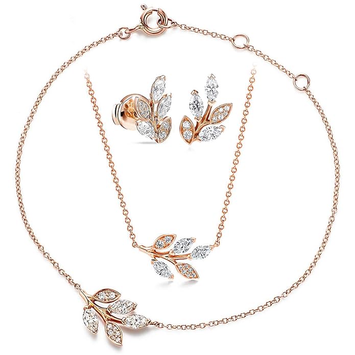 MINUTIAE Vine Shape Pendant Necklace Chain Bracelet And Earring Jewellery Combo Set With Solitaire Crystal Diamond For Women and Girls