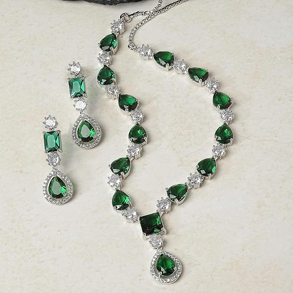 ZENEME Rhodium-Plated American Diamond Studded Fashionable Necklace With Earrings Jewellery Set For Girls and Women